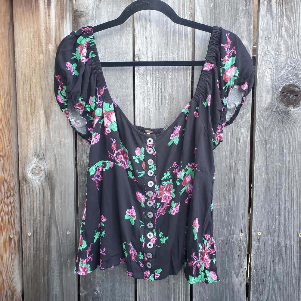 Free People Black Floral Button-Down Top